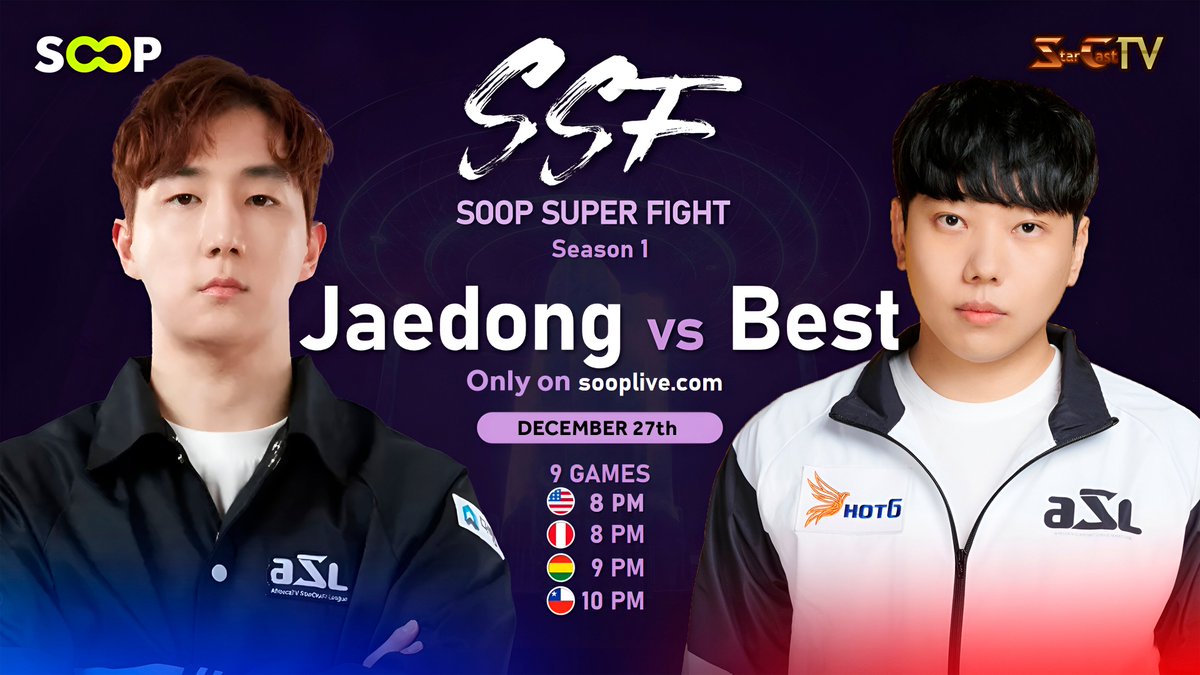 Jaedong sighting!  In the SOOP Super Fight!
📅 Dec 27th @ 5pm PST / 8pm EST
⚔️ <a href="/SCJaedong/">Jaedong Lee</a> vs #Best 

Only on SOOP!
📺sooplive.com/sctvesp