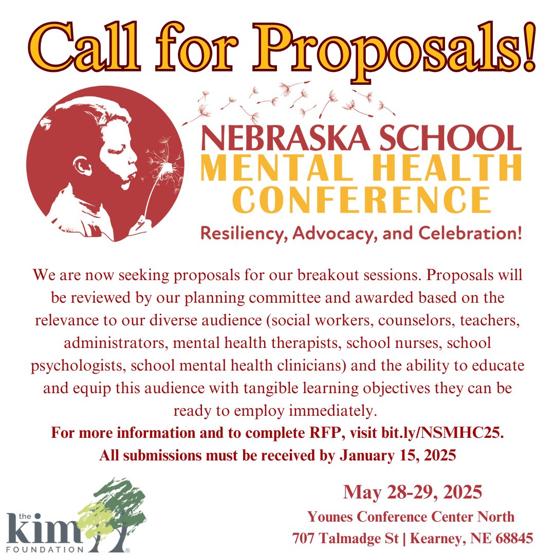 We are currently seeking inspiring breakout speakers for the Nebraska School Mental Health Conference taking place in May! For more information and to complete RFP, please visit bit.ly/NSMHC25.
