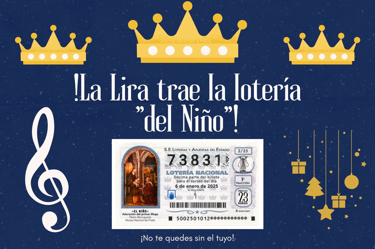 🔵LOTERÍA DEL NIÑO🔵

¡Ya está disponible la Lotería del Niño de la Asociación Musical “Lira Urgavonense”!
Los décimos se pueden adquirir a través de los miembros de nuestra asociación y en Bazar Carmen.
¡No te quedes sin el tuyo!

#liraurgavonense