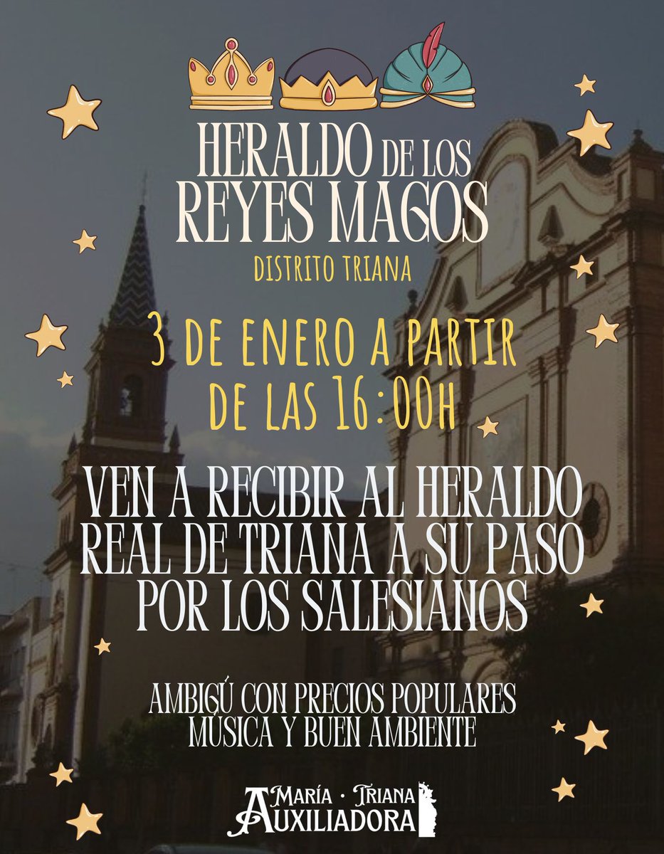 ¡Ven a recibir al Heraldo Real de Triana!

Viernes 3 de enero, en los Salesianos de Triana, la Archicofradía de María Auxiliadora, ambigú con precios populares para recibir al Heraldo Real de Triana a su paso por la calle Condes de Bustillo. 

Os esperamos!