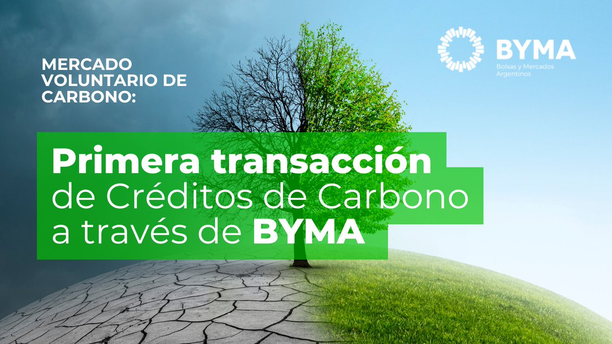 📣 ¡Hito sustentable en BYMA!

Se registró la primera transacción en el Mercado Voluntario de Carbono.🌱🌱

El beneficiario final de la transacción fue la Bolsa de Comercio de Buenos Aires (<a href="/BCBAar/">Bolsa de Comercio de Buenos Aires</a>), compensando la huella de carbono generada durante la 51ª Asamblea General de la