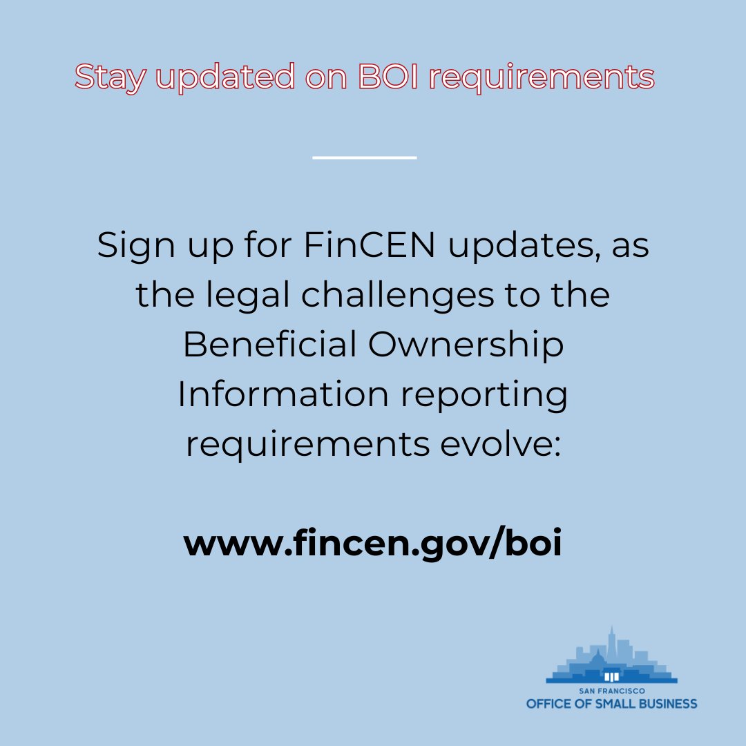 An important filing deadline coming up on January 13, 2025: most businesses need to report information to the federal Financial Crimes Enforcement Network. If you don't file on time, you may have to pay a large penalty.

File online at fincen.gov/boi