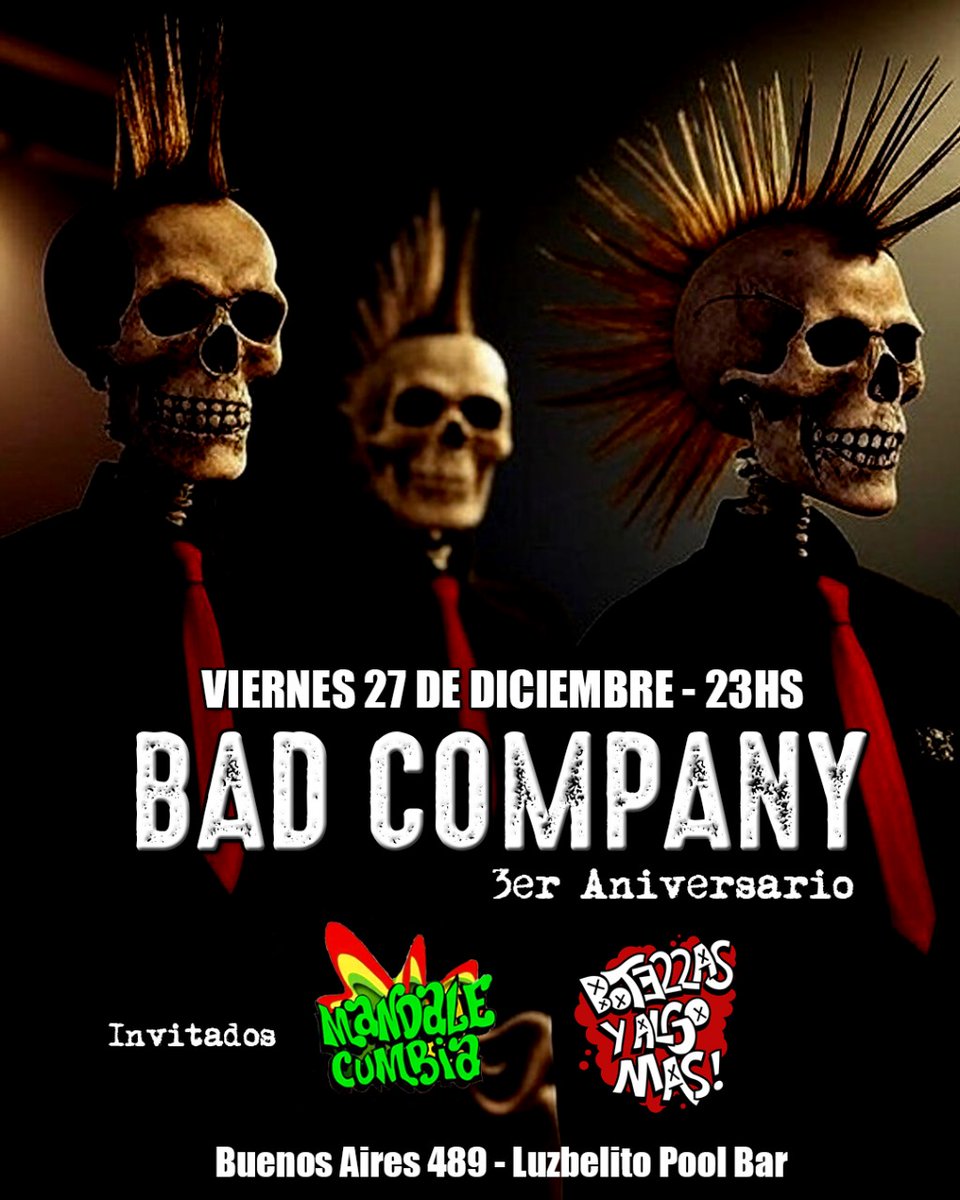 3er Aniversario de la Punkparranda!
Vamos a compartir escenario con <a href="/botellasyam/">Botellas y algo más</a> y Mandale Cumbia para despedir este 2024 en Luzbelito Pool Bar
Desde las 23hs y gratis como siempre 🤘🏾