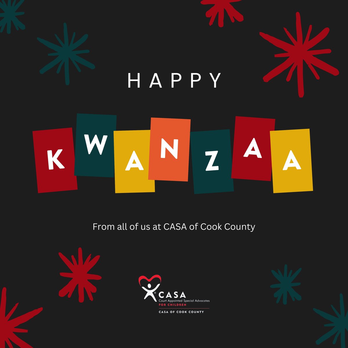 Happy Kwanzaa! Today starts 7 days of celebration, highlighting love, family and community. Have a great Kwanzaa! ⭐

#CASAofCookCounty #Kwanzaa