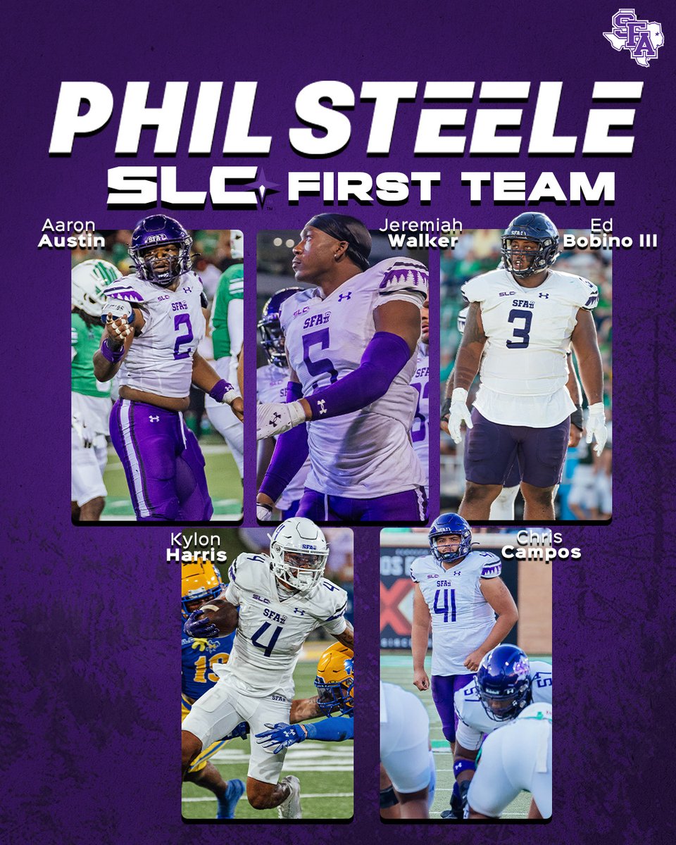 Lumberjack Football (@sfa_football) on Twitter photo Congratulations to our 'Jacks who made the Phil Steele SLC First Team! 🪓
<a href="/AaronAustin04/">Aaron Austin</a>
<a href="/Exclusive_Sugar/">Good Job Jwalk🍊</a>
<a href="/edbobino/">Edward “Ed” Bobino III</a>
<a href="/HarrisKylon/">Kylon Harris</a> - Wide Receiver
<a href="/CCampos_41/">chris campos</a>
#AxeEm x #EastTexasTough Congratulations to our 'Jacks who made the Phil Steele SLC First Team! 🪓
<a href="/AaronAustin04/">Aaron Austin</a>
<a href="/Exclusive_Sugar/">Good Job Jwalk🍊</a>
<a href="/edbobino/">Edward “Ed” Bobino III</a>
<a href="/HarrisKylon/">Kylon Harris</a> - Wide Receiver
<a href="/CCampos_41/">chris campos</a>
#AxeEm x #EastTexasTough