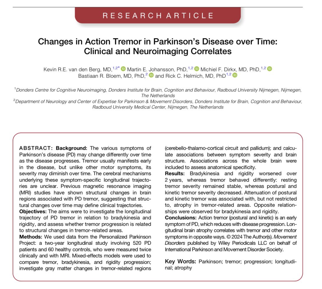 1. #Tremor is early key feature of #Parkinson. Mysteriously, in various ways, tremor behaves differently than many other symptoms. We addressed this in recent paper in Mov Disord where we analysed clinical &amp; neuroimaging data of large longitudinal Personalized Parkinson Project.