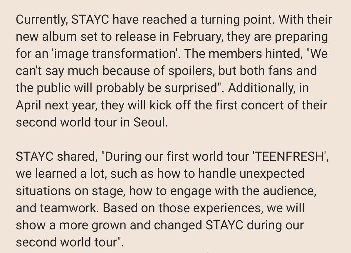 iconicstayc's tweet photo. “currently stayc have reached a turning point. with the new album set to release in february, they are preparing for an ‘image transformation.’ the members hinted ‘we can’t say much because of spoilers but both fans and the public will probably be surprised’”

AAAH I’M SO EXCITED https://t.co/gpAbaG031O