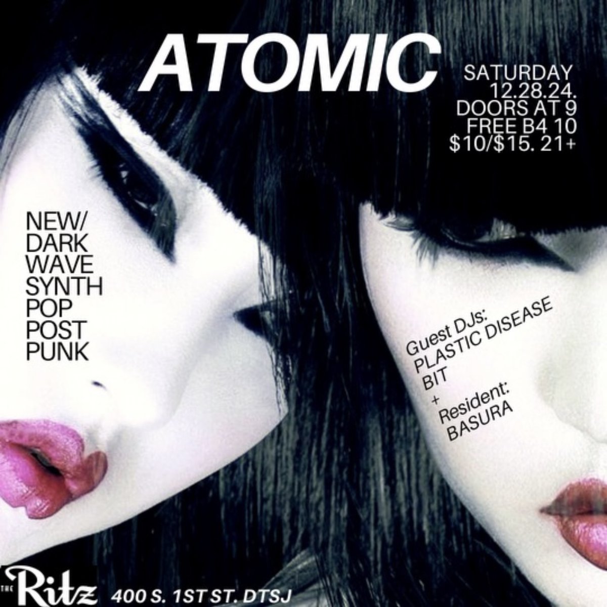 💥 ATOMIC 💥 

This Saturday! FREE before 10PM!⁠ Tickets on sale now. 🚀⁠ DJ Basura presents a night of new/darkwave, synth-pop, and post-punk hits!
⁠
Saturday // 12.28.24 // 9PM // 21+⁠
🎫 l8r.it/kXaI 🎫⁠
⁠
🏷️ #atomicdanceparty <a href="/djbasura/">Depress Mode</a> #theritzsj