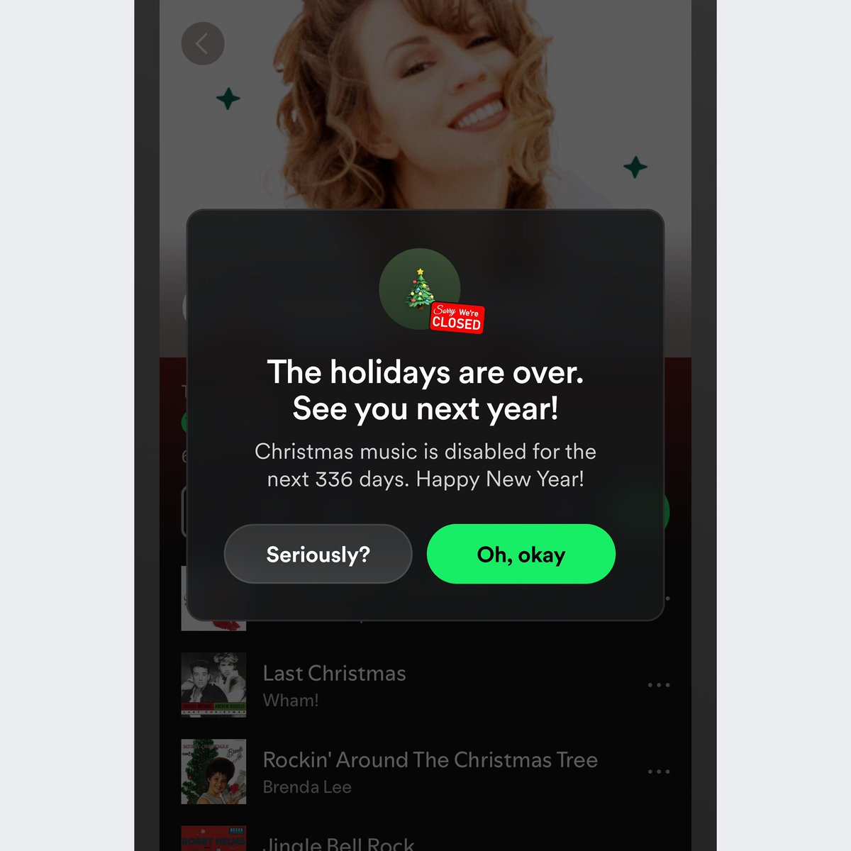 soren_iverson's tweet photo. Spotify disable Christmas music until after next Thanksgiving https://t.co/LJwxNMfZDg