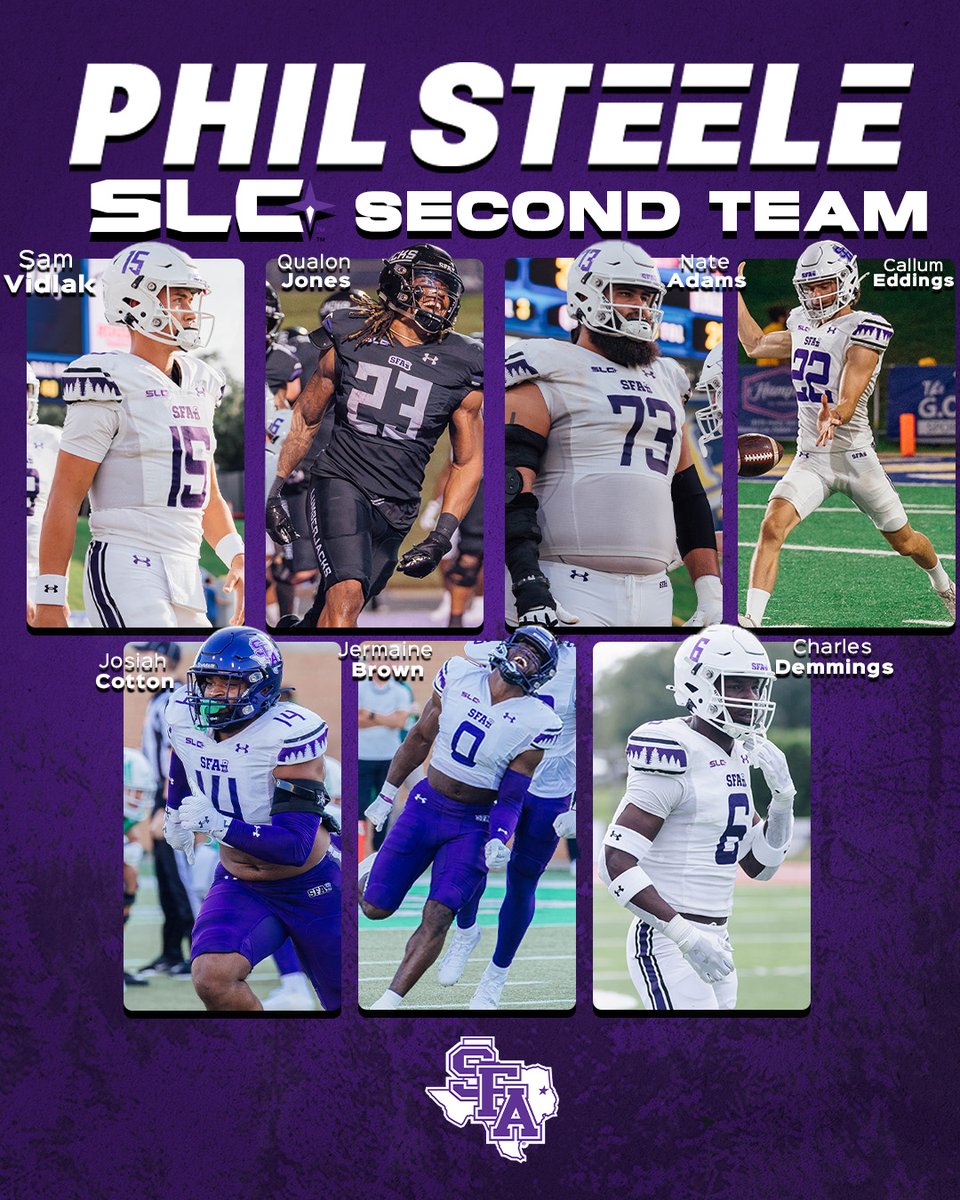 Lumberjack Football (@sfa_football) on Twitter photo Congratulations to our 'Jacks who made the Phil Steele SLC Second Team!
<a href="/SamVidlak7/">Sam Vidlak</a>
<a href="/QualanJ_13/">Q✍🏽</a>
<a href="/nateadams73/">Nate Adams</a>
<a href="/CallumEddings/">Callum Eddings</a>
<a href="/JosiahCotton4/">Josiah Cotton</a>
Jermaine Brown
<a href="/freecharlieee/">Charles Demmings</a>
#AxeEm x #EastTexasTough Congratulations to our 'Jacks who made the Phil Steele SLC Second Team!
<a href="/SamVidlak7/">Sam Vidlak</a>
<a href="/QualanJ_13/">Q✍🏽</a>
<a href="/nateadams73/">Nate Adams</a>
<a href="/CallumEddings/">Callum Eddings</a>
<a href="/JosiahCotton4/">Josiah Cotton</a>
Jermaine Brown
<a href="/freecharlieee/">Charles Demmings</a>
#AxeEm x #EastTexasTough