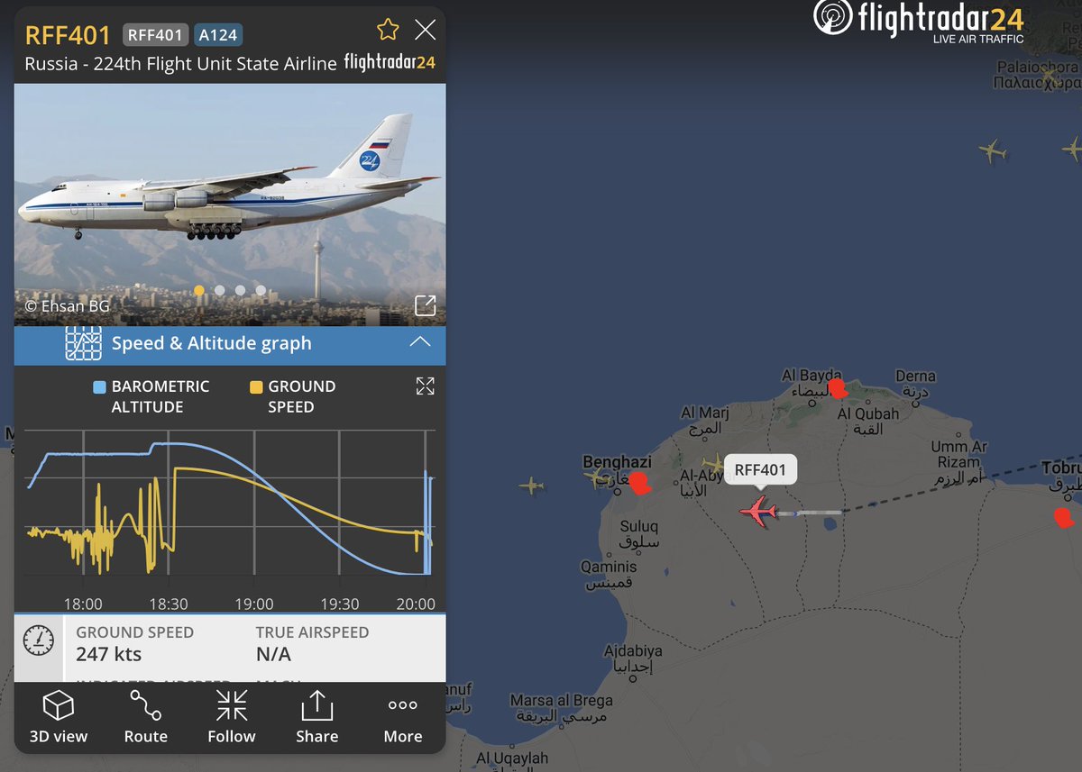 The first Russian An-124 flight from Khmeimim Air Base to Al Khadim Air Base in Libya has now landed. 

This is the first concrete evidence of the Russian military moving heavy equipment to Libya from Syria and a clear sign that they are abandoning Syria for Libya.