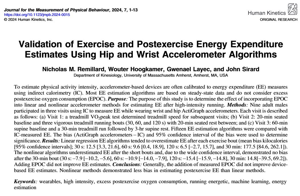 🧐Is excess post-#exercise oxygen consumption following high-intensity exercise a source of EE estimation error for traditional linear-based and more recent #machinelearning #algorithms for the #ActiGraph compared to indirect #calorimetry? 
Article🔗 doi.org/10.1123/jmpb.2…