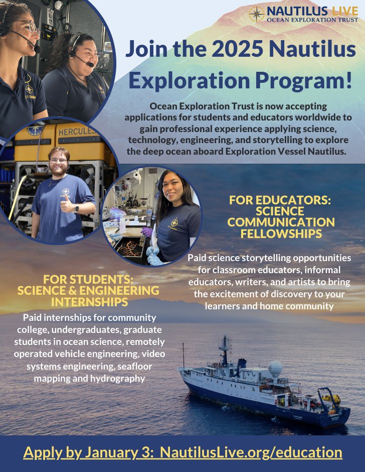 EVNautilus's tweet image. One week left to apply to be part of the 2025 Exploration Program and sail onboard #EVNautilus next year as a #ScienceCommunicationFellow or in the #ScienceandEngineeringInternshipProgram. Learn more and apply: nautiluslive.org/education