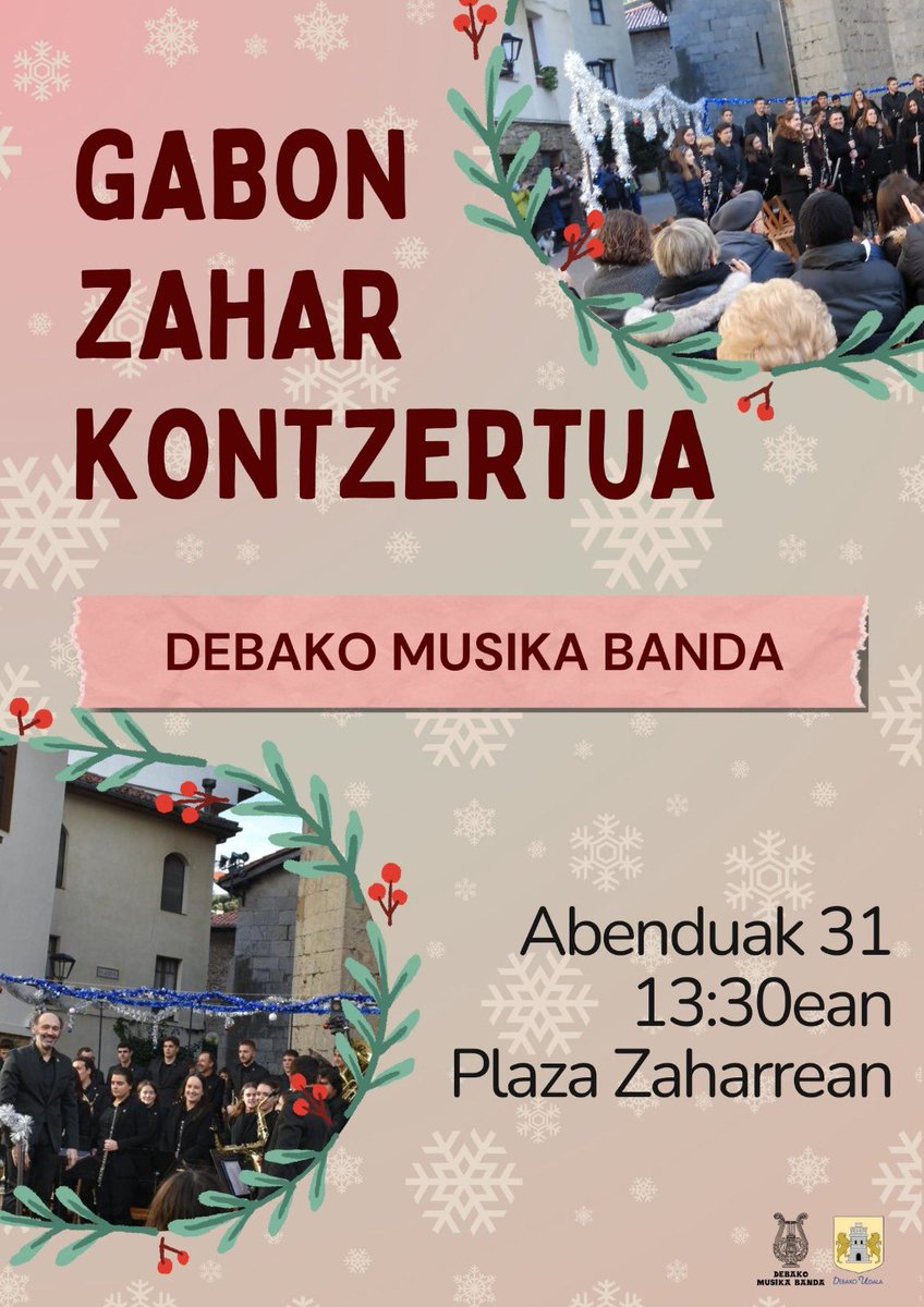 🎄GABONETAKO KONTZERTUA🎶

Urte zahar eguna iristear da eta ohi den moduan musikarekin emango diogu amaiera urteari!🎼

Abenduaren 31an, eguardiko 13:30etatik aurrera izango da emanaldia, plaza zaharrean🎷🎺🥁

Animatu eta gerturatu zaitezte!! 🥳🎉