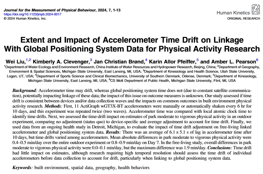 ⏱️Curious about:
1.) The overall magnitude of time drift, 
2.) The consistency of time drift between #wearables and over multiple waves of data collection,
3.) The impact of the time drift on time spent physically active in #parks? 
Read this:🔗doi.org/10.1123/jmpb.2…