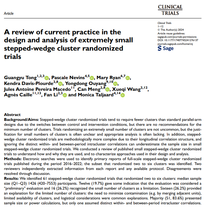 Colin Begg (@colinbbegg) on Twitter photo Bothered by the proliferation of stepped-wedge clinical trials with very few clusters? Guanyu Tong and colleagues study this issue and offer advice. <a href="/TonyGuangyuTONG/">Tony Guangyu TONG</a> <a href="/YaleCardiology/">Yale Cardiology</a> <a href="/ysphbiostat/">Yale Biostatistics</a> <a href="/SCTorg/">SCTorg</a> <a href="/MonicaTaljaard/">Monica Taljaard</a> Bothered by the proliferation of stepped-wedge clinical trials with very few clusters? Guanyu Tong and colleagues study this issue and offer advice. <a href="/TonyGuangyuTONG/">Tony Guangyu TONG</a> <a href="/YaleCardiology/">Yale Cardiology</a> <a href="/ysphbiostat/">Yale Biostatistics</a> <a href="/SCTorg/">SCTorg</a> <a href="/MonicaTaljaard/">Monica Taljaard</a>