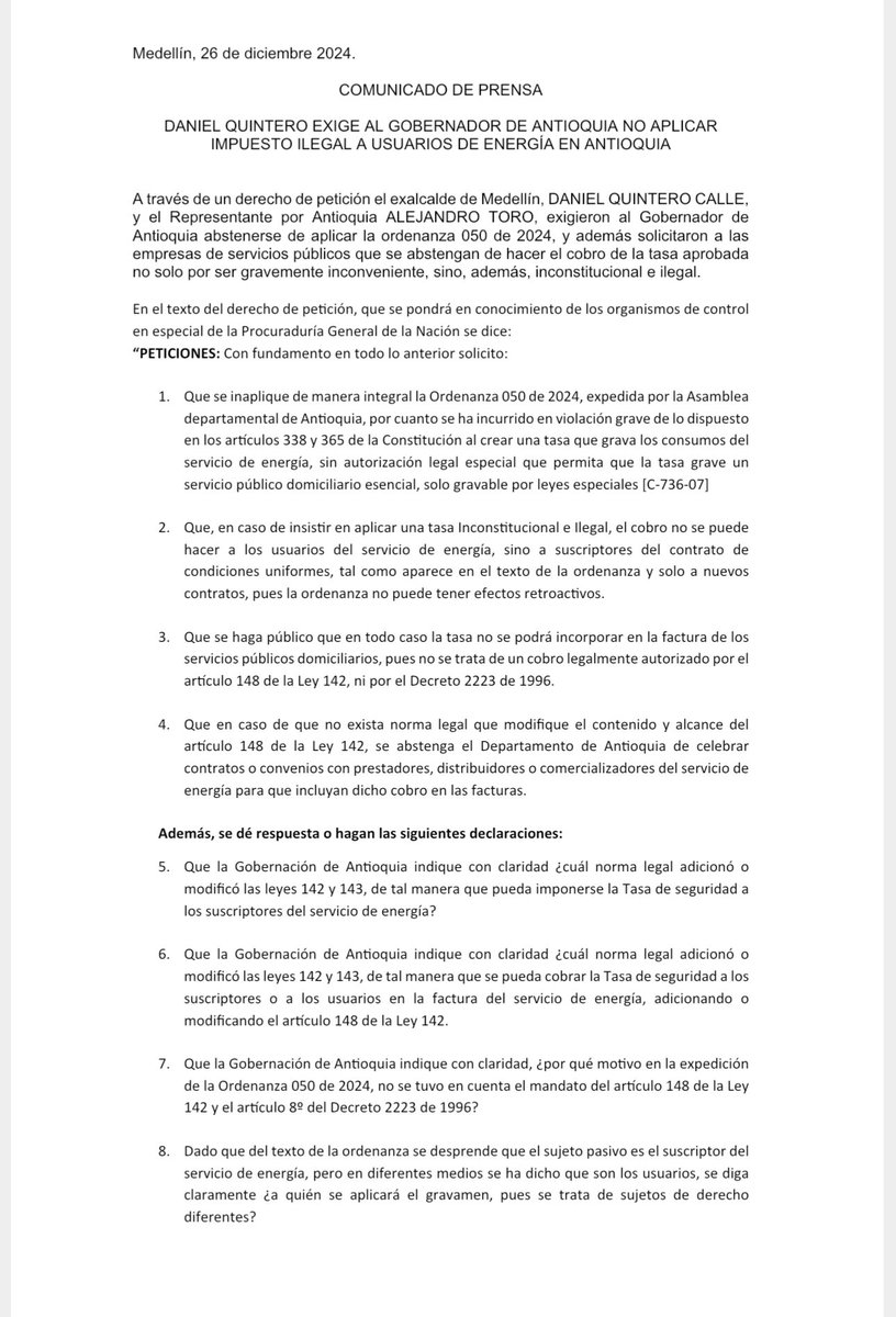 QuinteroCalle's tweet photo. He solicitado al Gobernador de Antioquia abstenerse de aplicar la ordenanza que impuso un impuesto ilegal e inconstitucional a usuarios de servicios públicos por ser gravemente inconveniente, ilegal e inconstitucional. https://t.co/2tJNyATCps