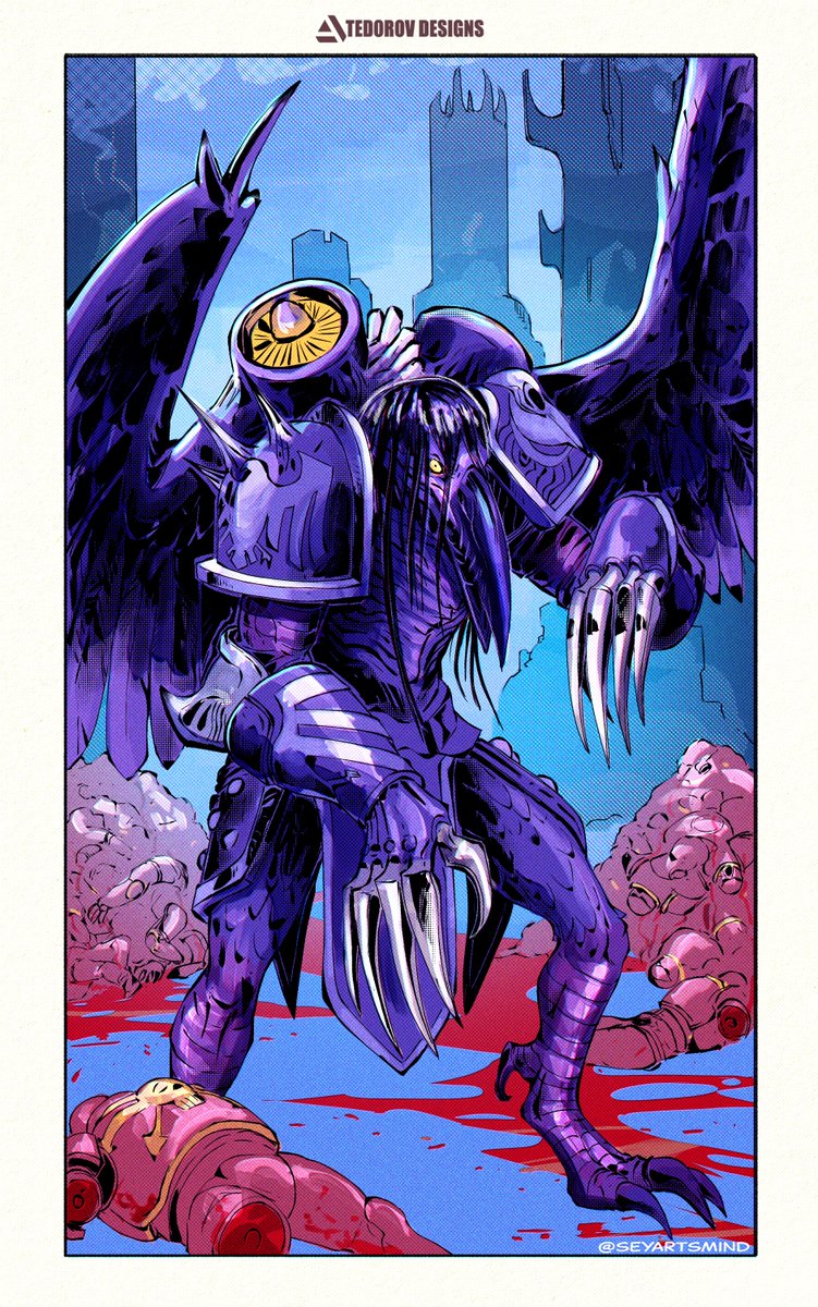 Here is my interpretation of corvus corax in his demon form mowing through the word bearers. #warhammer40k #art #comics