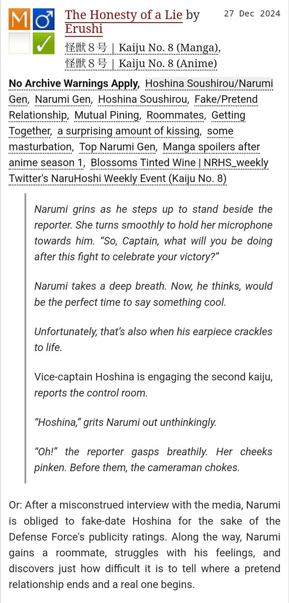 New fic for <a href="/NRHS_weekly/">naruhoshi_weekly</a> week 5: "fake dating" ~

The Honesty of a Lie

🎮 Kn8 NaruHoshi
⚔️ 10.4k words, rated M

Link: See next tweet ⬇️

#naruhoshi #nrhs #鳴保