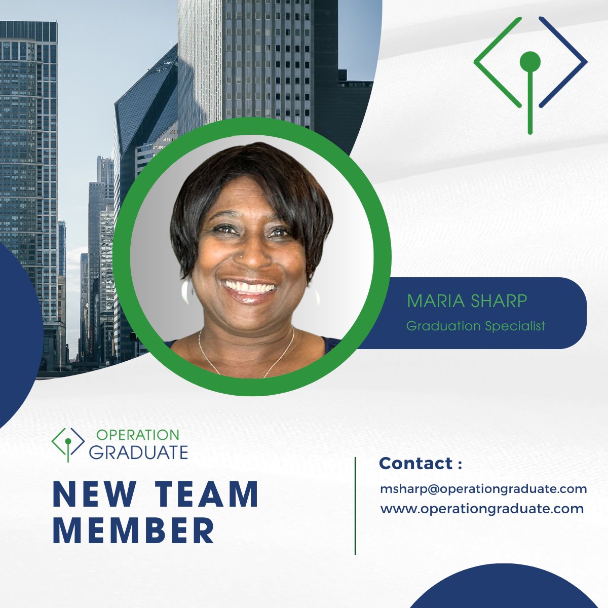 Operation_Grad's tweet photo. We are excited to announce that Maria Sharp has joined us as a Graduation Specialist on our growing team! 

Maria joins us with a decade of experience working with students in higher education. 

Welcome, Maria! https://t.co/6UCcGNTW2v