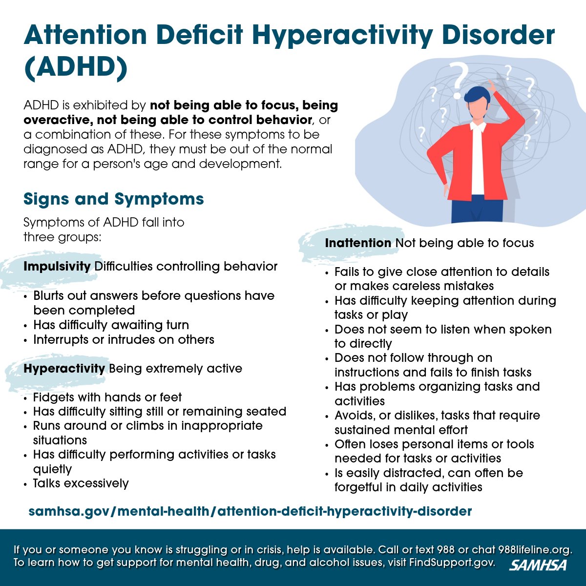 If you or someone you know has a mental health condition, like #ADHD, use these resources to learn more about the signs &amp; symptoms, and to find treatment and support for yourself, a friend, or a family member ➡️ samhsa.gov/mental-health/…