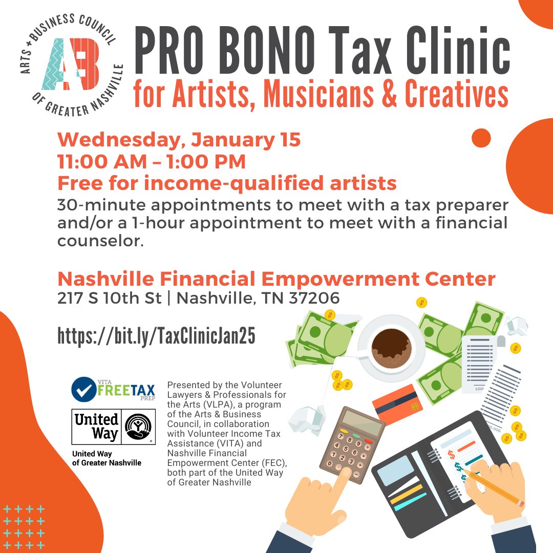 Arts & Business Council of Greater Nashville (@abcnashville) on Twitter photo Get help from the pros! Pro Bono Tax Clinic for Artists Musicians & Creatives Jan 15! Schedule a 30-minute appointment with a tax preparer and/or 1-hour appointment with a financial counselor bit.ly/TaxClinicJan25 <a href="/UWNashville/">United Way of Greater Nashville</a> #VLPA #creativebusiness #taxhelp #financialplanning Get help from the pros! Pro Bono Tax Clinic for Artists Musicians & Creatives Jan 15! Schedule a 30-minute appointment with a tax preparer and/or 1-hour appointment with a financial counselor bit.ly/TaxClinicJan25 <a href="/UWNashville/">United Way of Greater Nashville</a> #VLPA #creativebusiness #taxhelp #financialplanning