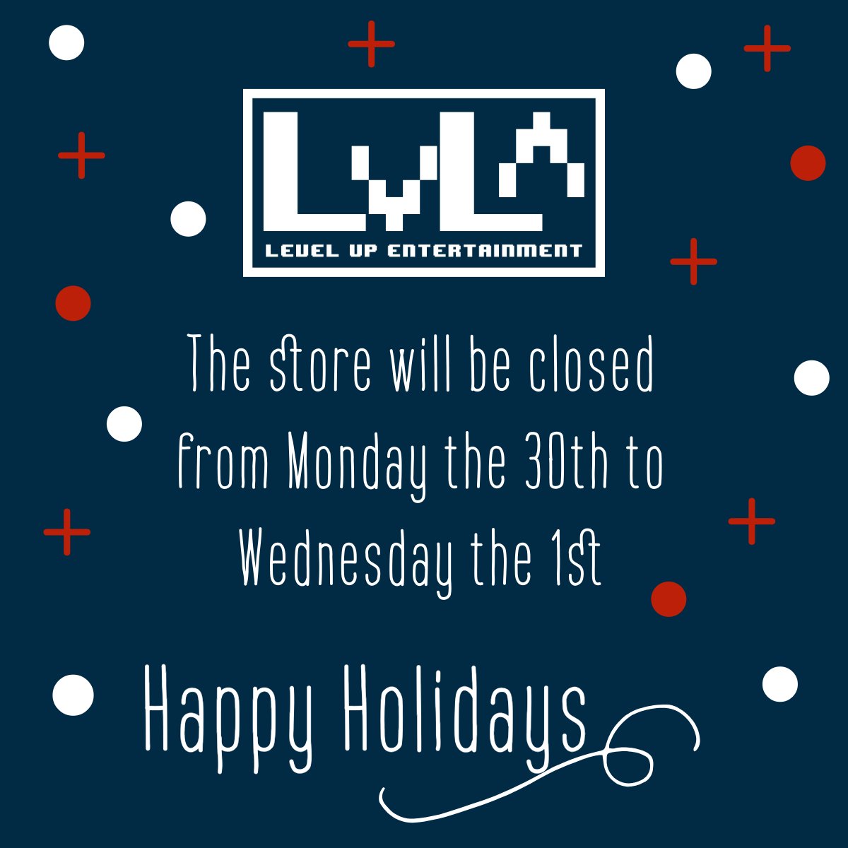 Happy New Year!

To celebrate the New Year we will be closing Monday the 30th to Wednesday the 1st. We will be open again on Thursday the 2nd.