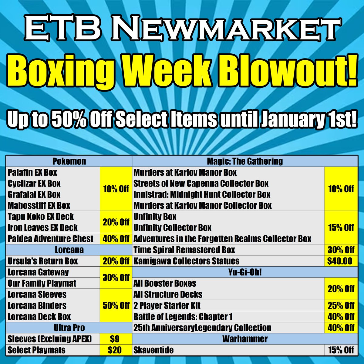 Enter The Battlefield (@enterthebattle1) on Twitter photo Welcome to the ETB Newmarket Boxing Week Blowout!|
We have up to 50% off select items while supplies last!
Get here fast and get them while their hot! Welcome to the ETB Newmarket Boxing Week Blowout!|
We have up to 50% off select items while supplies last!
Get here fast and get them while their hot!