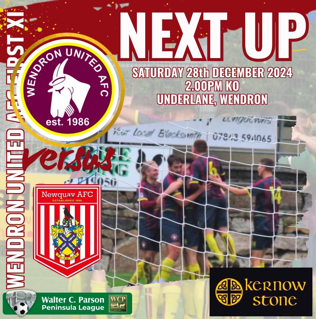 Wendron United AFC (@wendronutdafc) on Twitter photo ๐ก๐ฒ๐
๐ ๐๐ฝ
We return to <a href="/swpleague/">WALTER C. PARSON PENINSULA LEAGUE</a> action this Saturday as we host <a href="/newquay_afc/">Newquay AFC</a> to Underlane.
Itโs a 2pm KO for our final fixture of 2024.
<a href="/Cornishfootball/">Dave Deacon</a>
<a href="/swsportsnews/">South West Sports News</a>
<a href="/NonLeagueFix/">NonLeagueFixtures</a>
<a href="/NonLeagueHQ1/">NonLeagueHQ</a> ๐ก๐ฒ๐
๐ ๐๐ฝ
We return to <a href="/swpleague/">WALTER C. PARSON PENINSULA LEAGUE</a> action this Saturday as we host <a href="/newquay_afc/">Newquay AFC</a> to Underlane.
Itโs a 2pm KO for our final fixture of 2024.
<a href="/Cornishfootball/">Dave Deacon</a>
<a href="/swsportsnews/">South West Sports News</a>
<a href="/NonLeagueFix/">NonLeagueFixtures</a>
<a href="/NonLeagueHQ1/">NonLeagueHQ</a>