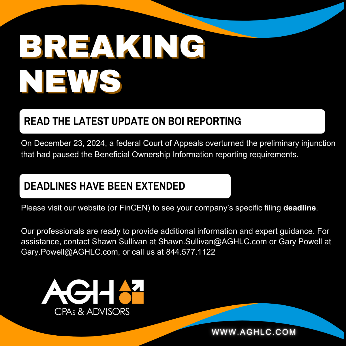 The Federal Court of Appeals has overturned the injunction on Beneficial Ownership Information filing requirements. For a complete list of filing deadlines, visit: aghlc.com/resources/aler…