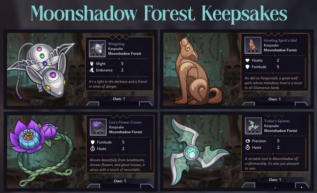 dottybonbon's tweet photo. Here are all the Keepsakes and Accessories from the Moonshadow Forest region of The Dragon Prince: Xadia mobile game (recently removed by Netflix). #TheDragonPrince #playXadia https://t.co/FZB5DIC0tD