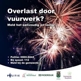 Dit jaar kunnen inwoners van de gemeente Roosendaal,Rucphen,  Halderberge en Moerdijk vuurwerk overlast melden via: 0165-349759. 

Dit kan tussen 
- 27 december tot en met 30 december van 13.30 uur tot 22.30 uur
 - 31 december van 09.00 uur tot 17.00 uur.