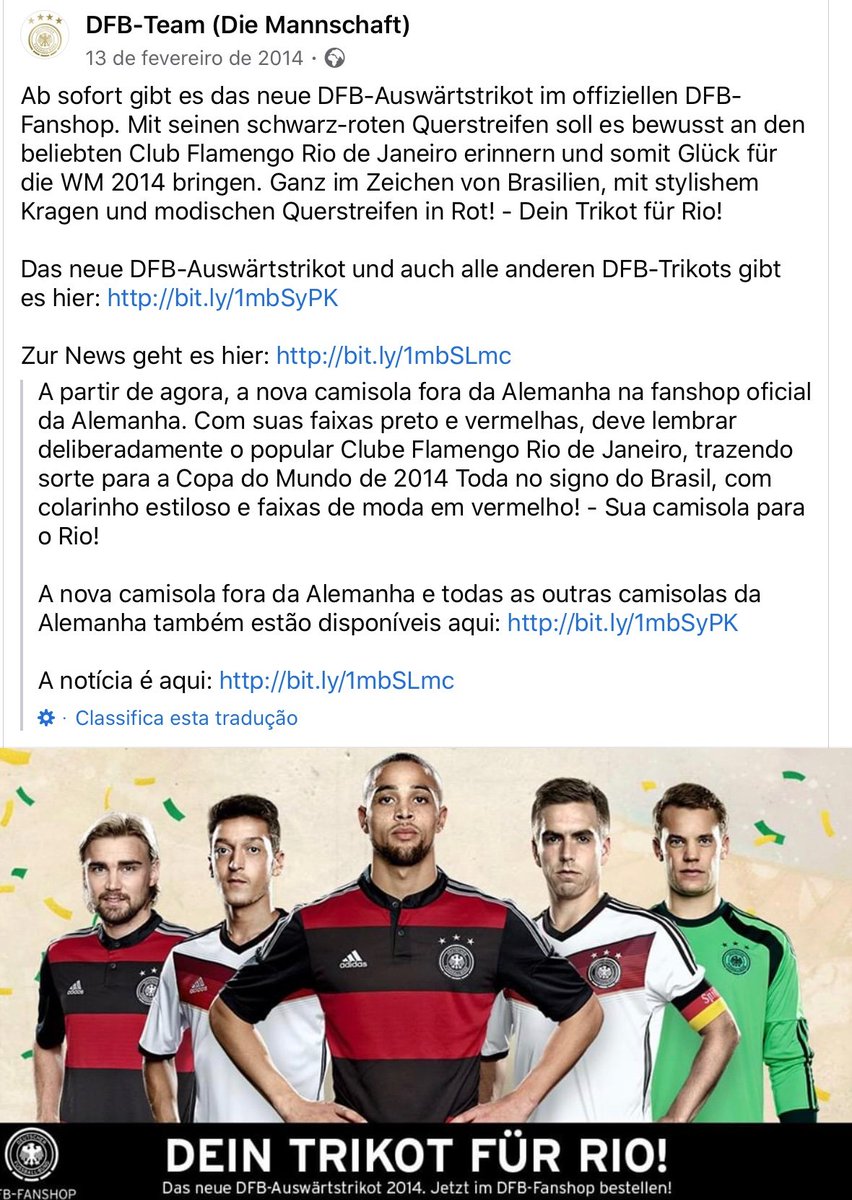 Lembrando sempre que a ALEMANHA que meteu 7x1 no Brasil da CBF e suas federações tacanhas em 2014 vestia Flamengo.

Ainda que meia dúzia de jornalistas SP dissessem que não era homenagem específica ao Fla, vale o que diz quem lançou a camisa:

#FLAMENGOCENTRISMO #FLALEMANHA