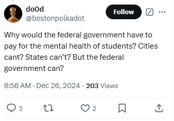 <a href="/VivekGRamaswamy/">Vivek Ramaswamy</a> .<a href="/bostonpolkadot/">do0d</a> Why should the federal government step in for mental health? Because some cities can’t even afford streetlights, let alone a school counselor. Without federal support, they’re done, and the next Geerat Vermeij, blind but a legend in evolutionary biology, never