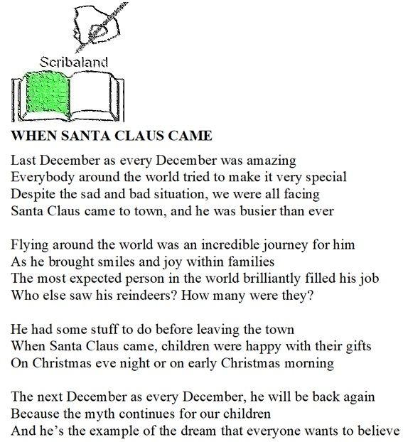 scribaland1's tweet image. #scribaland1 WHEN SANTA CLAUS CAME
He came to #town on Christmas eve, and no one #interviewed him!#scribaland #christmas #santaclaus #santa #came #noone #santaclauscame #whensantaclauscame #one #christmaseve #eve #hecametotownonchristmaseve
#nooneinterviewedhim #oneinterviewedhim