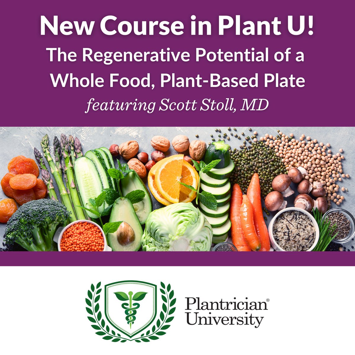 Plantrician's tweet image. Take a look at the latest course in Plantrician University: The Regenerative Potential of a Whole Food, Plant-Based Plate, featuring Dr. Scott Stoll! plantricianuniversity.org 

#medicalstudent #medicaleducation #wfpb #wholefoodplantbased #newcourse #plantricianuniversity