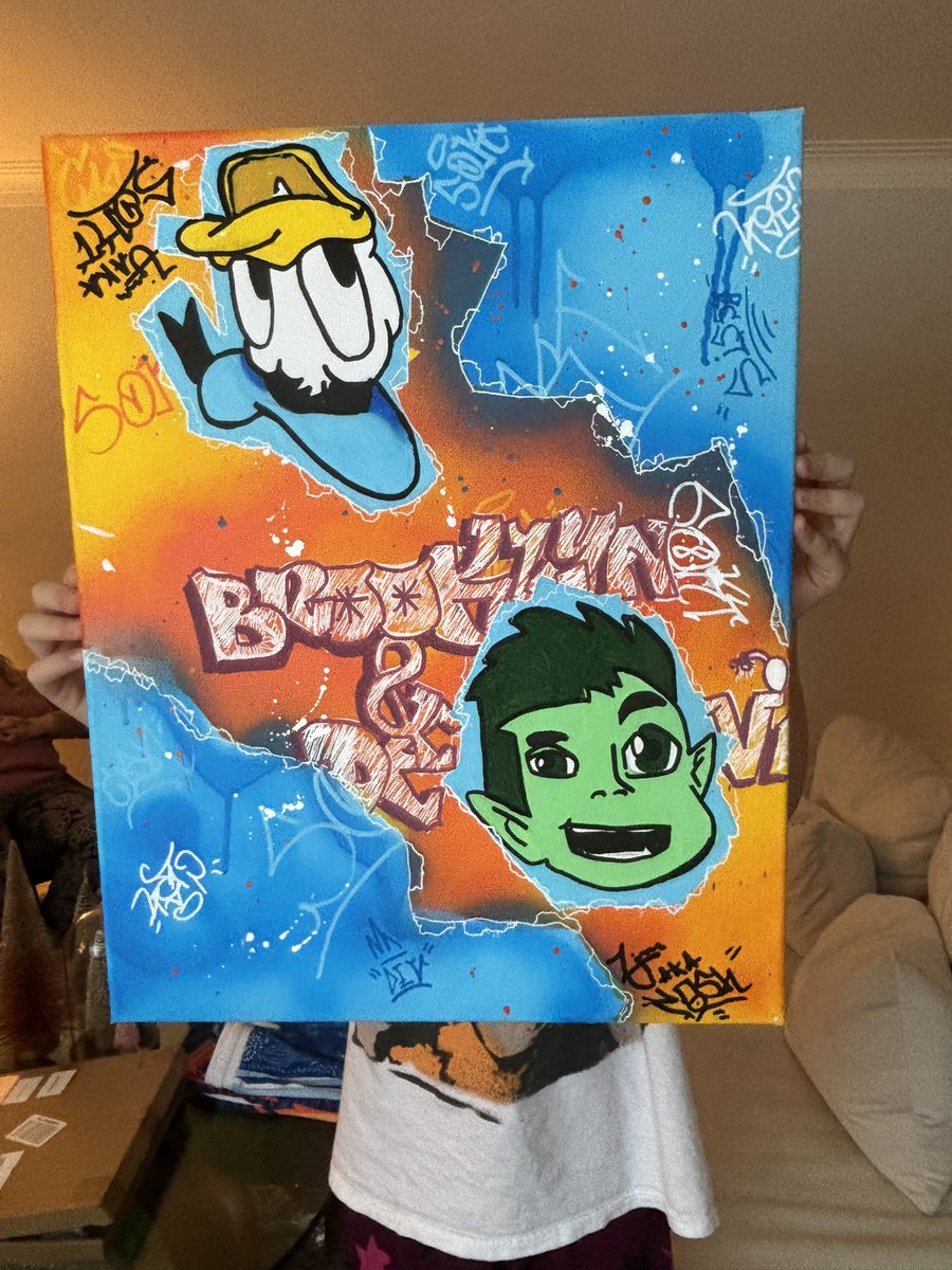 Best gift this year…
This graffiti art on canvas made by my 11 year old brother!! He used graffiti markers and spray paint. Donald Duck was my partners favourite cartoon character growing up and Beast Boy was mine. I am blown away by this kids talent and style!