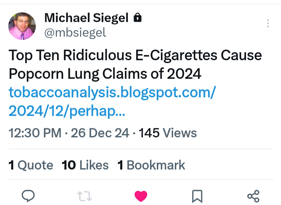 RushmoreExt23's tweet photo. Claims that e-cigarettes cause popcorn lung are not unlike rubbish claims that vaccines cause autism or that excessive masturbation leads to blindness.

"Top 10 Most Fallacious Claims About E-Cigarettes Causing Popcorn Lung -- 2024" by @mbsiegel https://t.co/wLAkLiX2Gv https://t.co/l0qlg8c02j