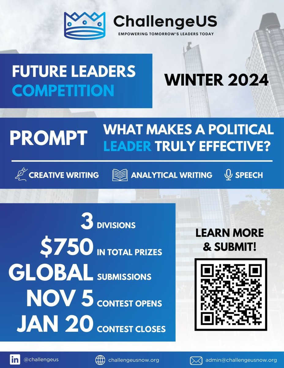 opportunitiesfy's tweet image. 🌟 Share your vision of leadership! Enter the ChallengeUS Future Leaders Competition – Winter 2024 for a chance to win $250, global recognition, and join a network of changemakers. 🌍 ✍️🎤📊 Deadline: Jan 20. 🔗 wp.me/p23f03-cbF 

#YouthLeadership #ChallengeUS