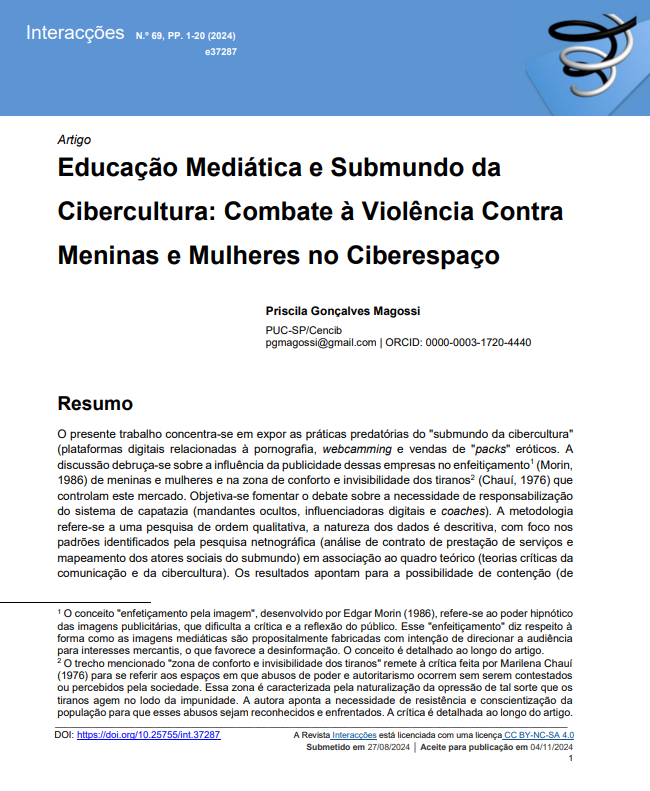PriscilaMagossi's tweet photo. Magossi, P. G. (2024). Educação Mediática e Submundo da Cibercultura: Combate à Violência Contra Meninas e Mulheres no Ciberespaço . Revista Interacções, 20(69), 1–20. https://t.co/KptexVylOH https://t.co/rwcBT5ZvZG