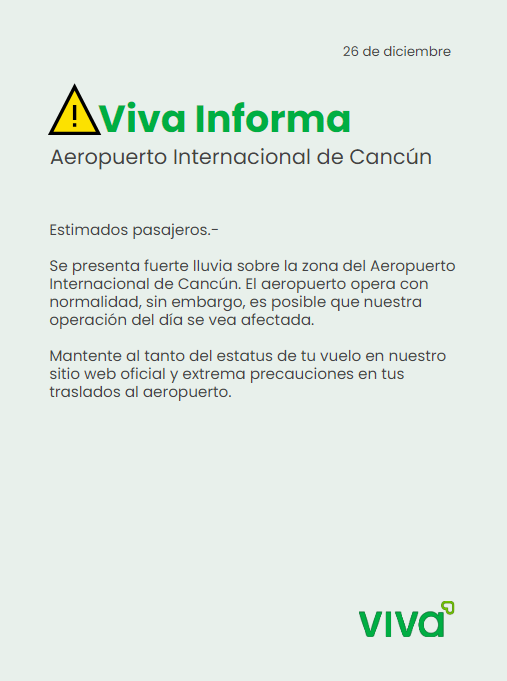 VivaTeEscucha's tweet photo. #VivaInforma #Aeropuerto #Cancún #CUN ⛈️
Entérate del estatus de tu vuelo dando clic aquí 👉https://t.co/BYxF6qyMZL     
Consulta información relacionada desde el siguiente enlace 👉 https://t.co/CC9bWEgH6k https://t.co/eeCFOgp6ck