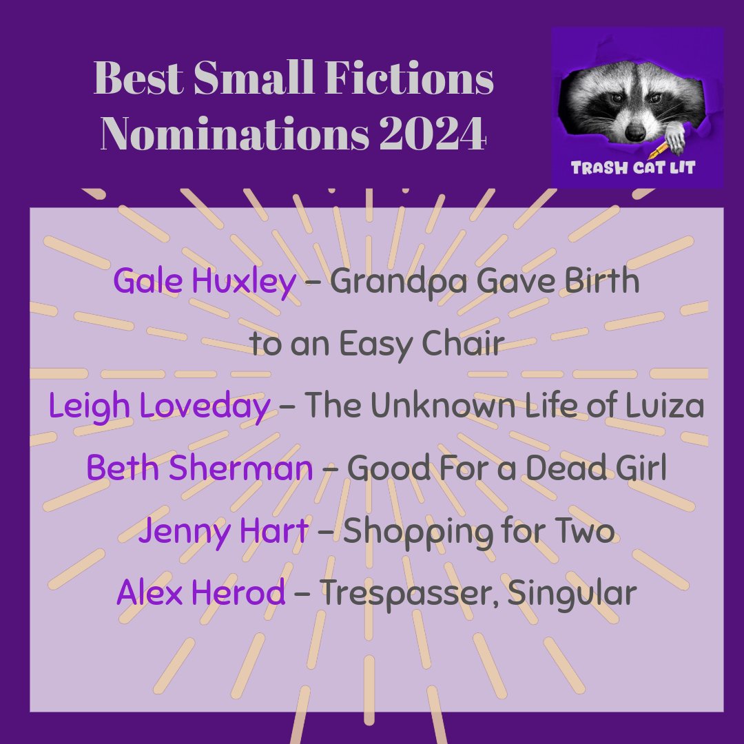 Some fantastic news before we head into a new year. These are our five nominations for Best Small Fictions. Two of these pieces will publish in the upcoming issue. 
The other three you can read now, via links in comments. 
<a href="/MrLovelyday/">Leigh Loveday</a> <a href="/bsherm36/">Beth Sherman</a> <a href="/JennyHart2001/">Jenny Hart</a>