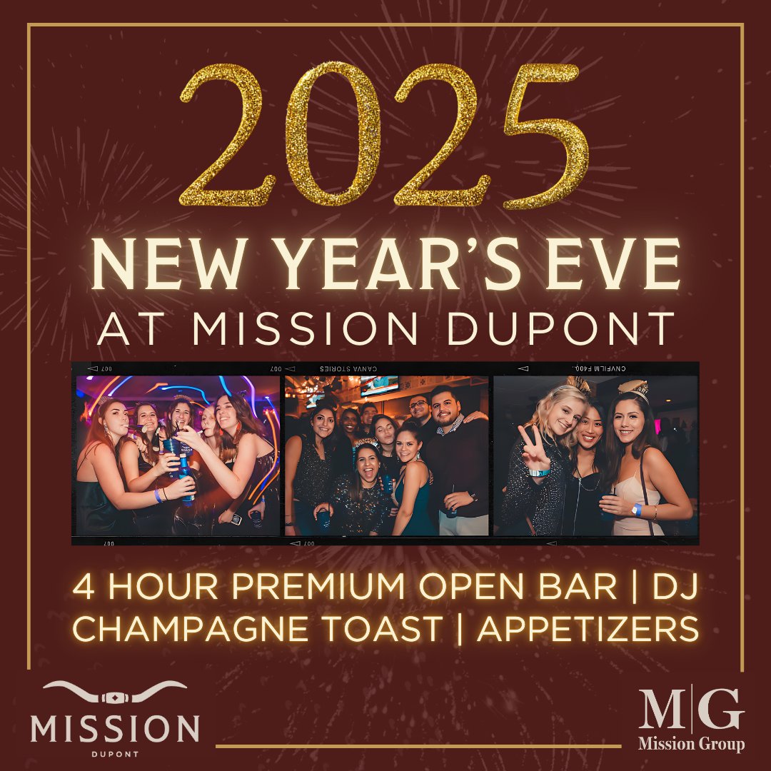 Mission Dupont (@missiondupont) on Twitter photo a countdown to remember starts at Mission Dupont 🕰️
🍻4 hour premium open bar
💃🏻 all night dj
🥂 champagne toast & appetizers
🎇 a night you’ll never forget
tickets available now - eventbrite.com/e/new-years-ev…
group discounts available : email info@missiondupont.com for details a countdown to remember starts at Mission Dupont 🕰️
🍻4 hour premium open bar
💃🏻 all night dj
🥂 champagne toast & appetizers
🎇 a night you’ll never forget
tickets available now - eventbrite.com/e/new-years-ev…
group discounts available : email info@missiondupont.com for details