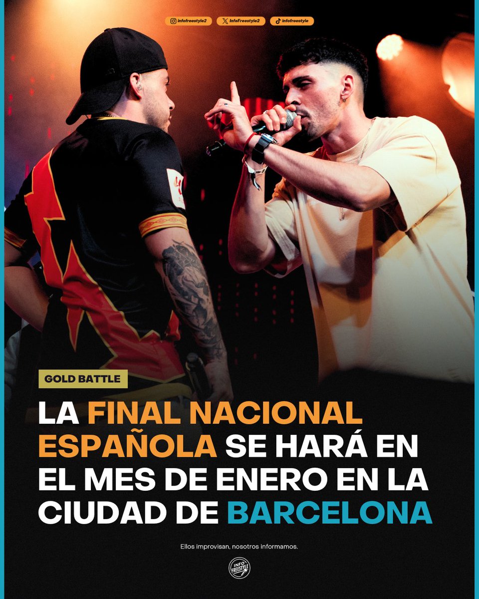 Info Freestyle (@infofreestyle2) on Twitter photo ¡Final Nacional - Gold Battle 🇪🇸! 🏆
🗓️: Sábado 25 de Enero de 2025
🏟️: Sala La Bascula, Barcelona, España 🇪🇸
- LE33
- MICHU
- SAWI ELEKIPO
- MOUNTS
- NACHO LCM
- CLASSIC
- JESUS LC
- MR. AARON
- KAVRON
- NOCRE
- ZETAZAYAS
- NERAZ
- USU
- MESTIZO
- LOU T 🇻🇪
- Madrid 
Compra ¡Final Nacional - Gold Battle 🇪🇸! 🏆
🗓️: Sábado 25 de Enero de 2025
🏟️: Sala La Bascula, Barcelona, España 🇪🇸
- LE33
- MICHU
- SAWI ELEKIPO
- MOUNTS
- NACHO LCM
- CLASSIC
- JESUS LC
- MR. AARON
- KAVRON
- NOCRE
- ZETAZAYAS
- NERAZ
- USU
- MESTIZO
- LOU T 🇻🇪
- Madrid 
Compra