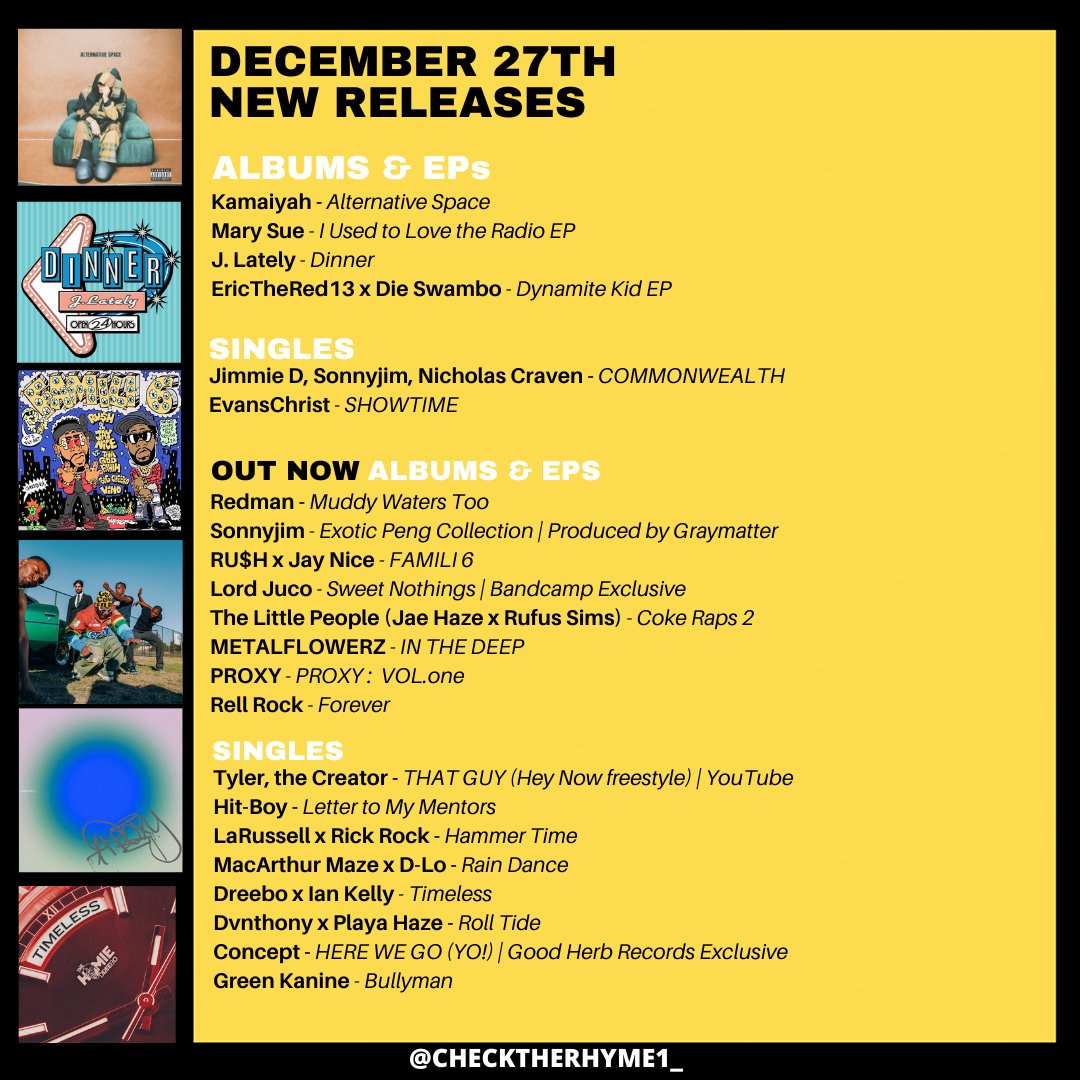 🚨This week's new drops

Redman
Tyler
Hit-Boy
LaRussell x Rick Rock
Kamaiyah
Sonnyjim x Graymatter
Dreebo x Ian Kelly
Mary Sue
Lord Juco
J. Lately
RU$H x Jay Nice
MacArthur Maze x D-Lo
Dvnthony x Playa Haze
Jae Haze x Rufus Sims
Green Kanine
+more