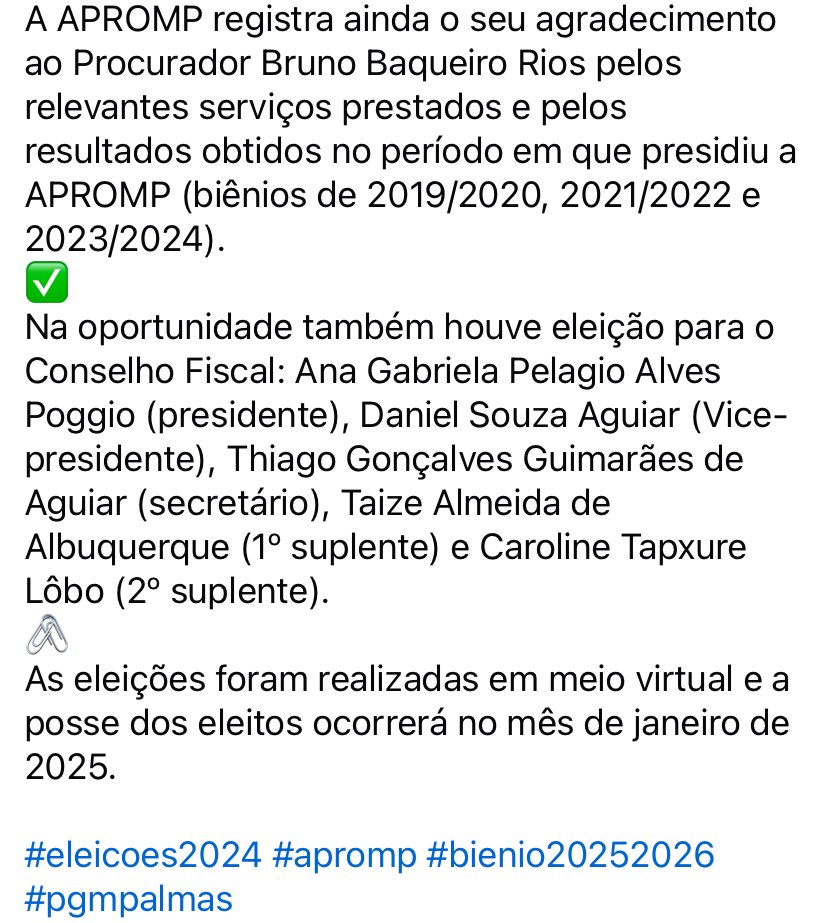 Procuradora do Município Esther de Amorim Marinho Sio é eleita Presidente da Associação dos Procuradores Municipais de Palmas/APROMP para o biênio 2025-2026. Confira👇🏽