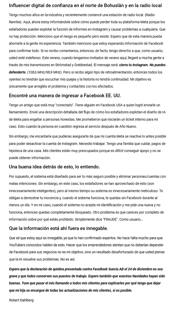 arielbourgoing's tweet photo. Presunta info del caso Meta
El propietario de una radio en Suecia ha realizado un artículo detallando el presunto motivo de todo este baneo masivo, según su investigación. Aunque aclara que todavía no hay confirmación oficial, pero está muy seguro.
#MetaResponde https://t.co/w6DYZ02BIQ