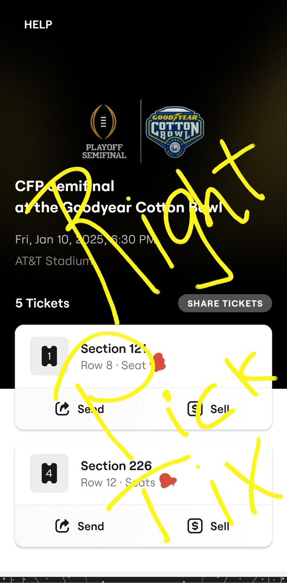 RightPickTix's tweet photo. @TexasFootball #RightPickTix has your @CottonBowlGame tix. 4 aisle seats,  Sec 226.
@OhioStateFB @oregonfootball @TexasFootball @ArizonaState 
@SeatGeek @StubHub @VividSeats https://t.co/KXdoKawFgn