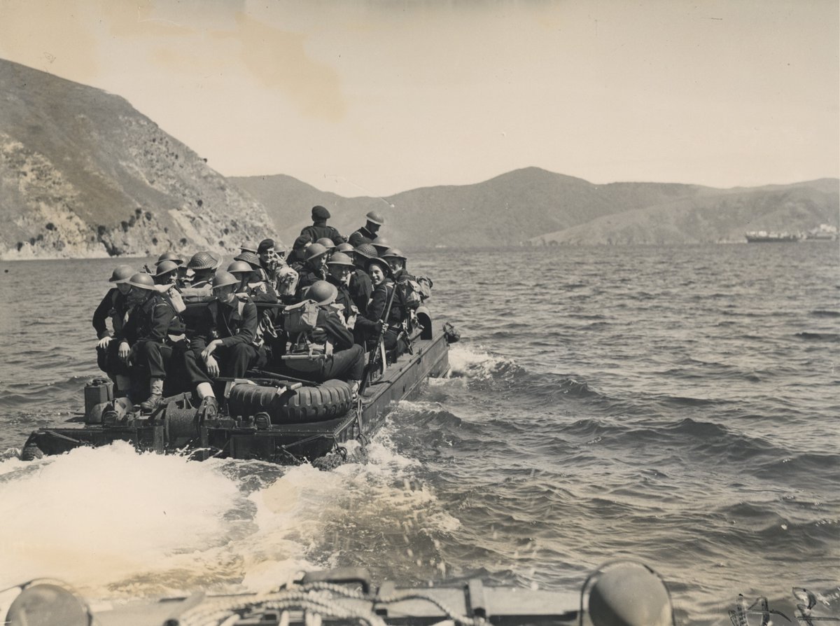 NZNavyMuseum's tweet photo. Great image from the #officialcollection - Royal Marines from aircraft carrier HMS Indefatigable carrying out landing craft exercises possibly in the Queen Charlotte Sound - dated December 1945 #NZNavy #History #Museum https://t.co/QOaSWl7LEp
