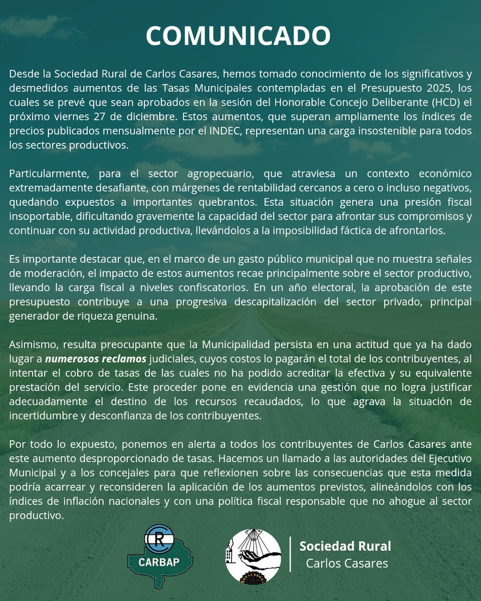 📢Compartimos #Comunicado de la Sociedad Rural de Carlos Casares.

⚠️Desmedidos aumentos de las Tasas Municipales que superan ampliamente los índices de precios publicados mensualmente por el INDEC ⚠️

📢 Representan una carga insostenible para todos los sectores productivos.